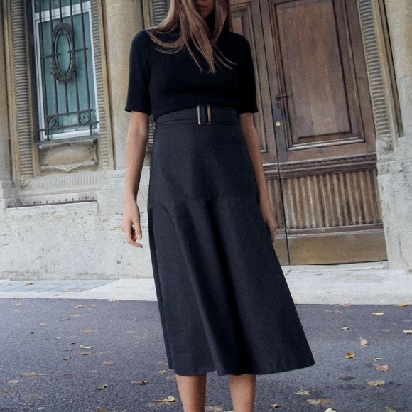 Zara Dresses & Skirts - Elegant Black Midi Dress with Belt